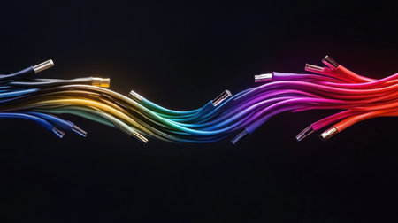 A dynamic display of colorful electric wires flowing together in a harmonious wave, creating a striking visual impact against a dark backdrop.の素材