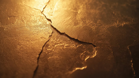 This image features a close-up view of a textured surface showcasing intricate cracks illuminated by soft golden light, creating an abstract and captivating visual appeal.の素材
