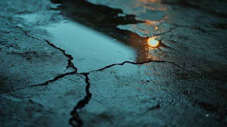 A close-up view of a puddle on a cracked surface captures the gentle reflection of sunlight. The scene evokes a serene urban atmosphere at dawn.の素材