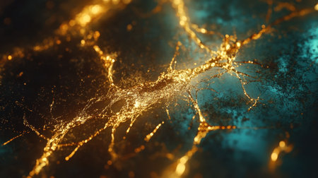 This captivating image showcases an abstract view of golden neural networks intricately connecting against a vivid blue backdrop, highlighting the beauty of digital creativity.の素材