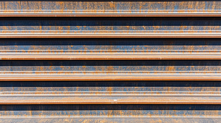 A close-up perspective of horizontal metal panels showcases intricate rust patterns and textures, perfect for industrial-themed projects or backgrounds.の素材
