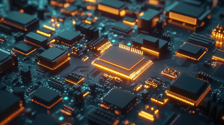 A captivating view of a high-tech circuit board showcasing intricate microchips with glowing lights, embodying modern technology and innovation.の素材
