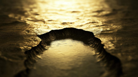 This captivating image features a shimmering water surface reflecting warm light against textured bedrock, creating a serene and tranquil atmosphere.の素材