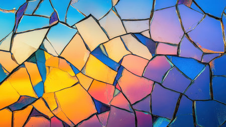A captivating mosaic pattern featuring shattered glass pieces that display a blend of vibrant hues and iridescent reflections. The artwork reveals intricate details and artistic qualities, perfect for use in modern design themes.の素材