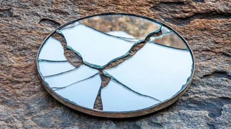 A close-up view of a fractured mirror lying on a rough stone surface, creating unique reflections and textures. Ideal for artistic representations.の素材