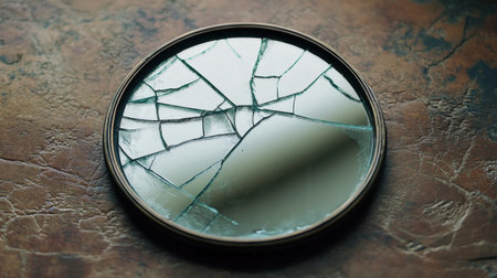 A round glass mirror lies shattered on a richly textured surface, creating a captivating display of light and reflections, inviting artistic interpretation.の素材