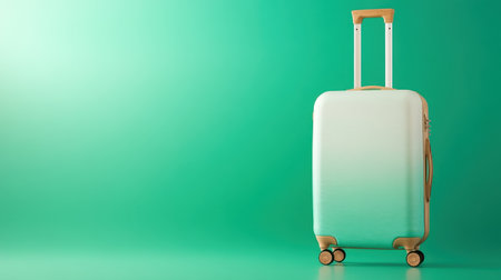 A sleek and modern suitcase stands against a vibrant green background, symbolizing adventure and travel. Perfect for design projects focused on vacations and journeys.の素材