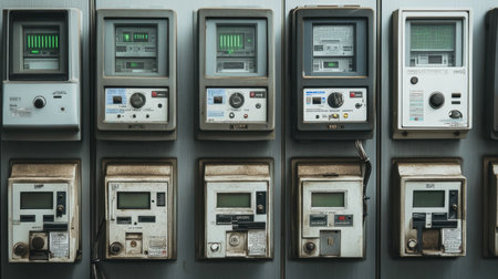 A collection of vintage and modern electric meters showcased on a utility room wall, highlighting the evolution of energy measurement technology over time.の素材