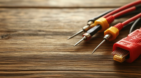 This image showcases essential electrical test tools arranged neatly on a rustic wooden surface, ideal for both DIY enthusiasts and professionals.の素材