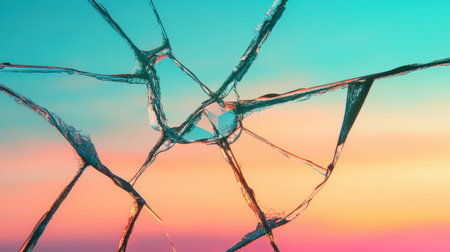 Capture the stunning beauty of broken glass with vibrant shades set against a mesmerizing sunset sky. Ideal for artistic projects or themes around fragility and contrast.の素材