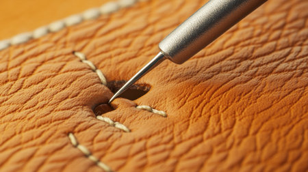 A close-up view showcasing a needle inserting into natural leather, highlighting the intricate stitching process and rich texture of the material.の素材