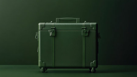 A striking green suitcase stands out against a dark green backdrop, showcasing a modern and minimalist design perfect for stylish travel adventures.の素材