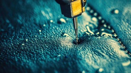 A close-up view captures the intricate process of stitching on a textured leather surface, showcasing a precision tool glistening with water droplets, highlighting craftsmanship.の素材