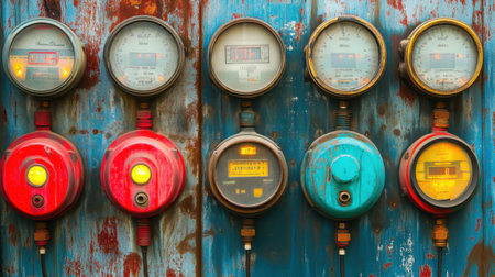 A captivating collection of vintage pressure gauges mounted on a weathered blue wall, merging industrial charm and vibrant colors, perfect for artistic projects.の素材