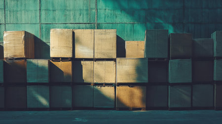Image features stacked cardboard boxes in a warehouse setting, highlighting textures of a green wall and the play of shadows, reflecting industrial organization.の素材