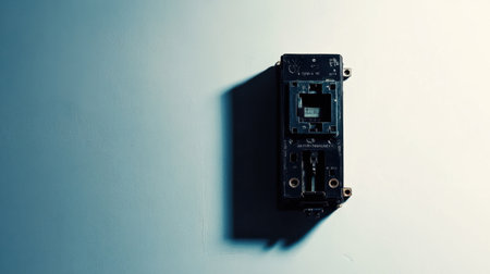 A striking close-up image of an electrical circuit breaker affixed to a wall, showcasing intricate details, soft shadows, and a textured background.の素材