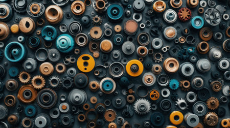 An artistic arrangement of colorful gears and circles creates a captivating texture on a dark background, ideal for industrial design and creative projects.の素材
