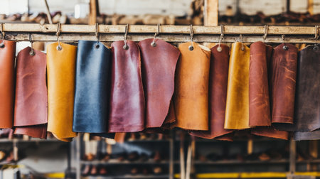 A stunning arrangement of leather hides in various colors hanging in an artisan workshop, perfect for showcasing craftsmanship and textile quality.の素材