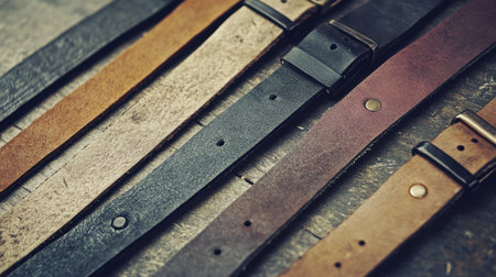 This image showcases an assortment of rustic leather straps in various colors, beautifully arranged on a weathered wooden surface. Ideal for inspiration in craft and fashion projects.の素材