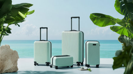 A chic mint green luggage collection displayed against a beautiful ocean view. Perfect for travelers seeking stylish and functional bags for summer adventures.の素材