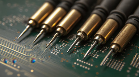 This close-up image showcases precision probes resting on a circuit board, highlighting their critical role in electronics testing and analysis. Perfect for documentation or educational purposes.の素材
