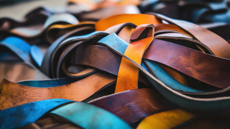 A vibrant collection of colorful leather strands intertwining in a stunning display of craftsmanship, perfect for showcasing artistry and design in leatherwork.の素材