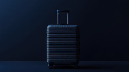 A sleek black hard-shell luggage piece stands prominently against a dark background, showcasing its modern, minimalist design, perfect for stylish travel.の素材