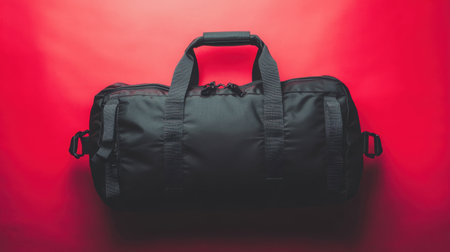 This image features a sleek, black duffel bag resting on a bright red background, emphasizing its modern design ideal for travel and gym use.の素材