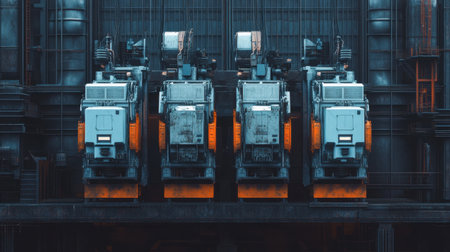 This image captures a series of advanced industrial machines set against a backdrop of a factory setting. The intricate design showcases modern technology in manufacturing.の素材