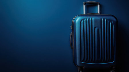 A sleek blue hard-shell suitcase stands upright against a dark background, showcasing its stylish design and practical features for travelers.の素材