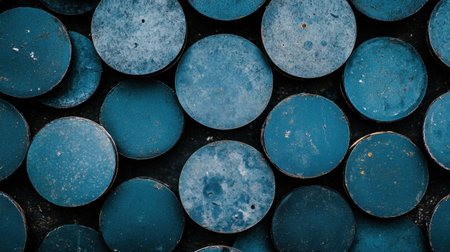 This close-up image features a collection of blue metal discs, displaying unique textures and patterns. Ideal for artistic projects or industrial themes.の素材