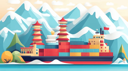 A vibrant illustration depicting a colorful container ship navigating calm waters against majestic mountains and bright trees, perfect for transport themes.の素材