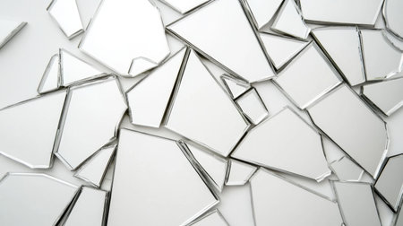 Explore the beauty of shattered glass fragments arranged on a white surface. This image highlights unique reflections and textures, offering a modern aesthetic perfect for various design projects.の素材