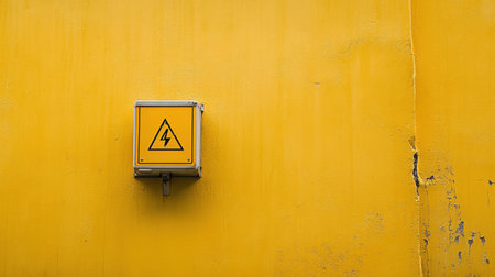 This image features a bright yellow wall with an electrical warning sign. The vibrant color and clear symbol emphasize safety and caution in industrial environments.の素材