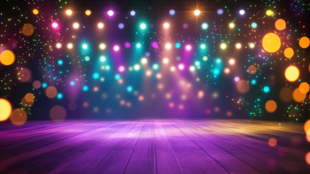 This vibrant image depicts a stage setting filled with colorful lights and a bokeh effect, creating a lively atmosphere perfect for events and celebrations.の素材