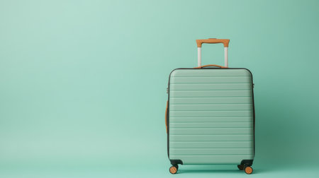 This image features a stylish mint green suitcase with wheels and a retractable handle, perfect for travel enthusiasts. The sleek design stands out against a clean background, ideal for travel-related themes and advertisements.の素材
