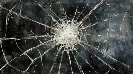 This image features an artistic close-up of shattered glass, revealing intricate patterns against a dark background, showcasing depth and complexity.の素材