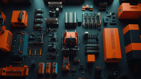 A visually striking flat lay image showcasing an array of industrial components in vibrant orange and black colors set against a dark surface, illustrating technology and design.の素材