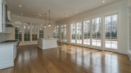 This modern kitchen features an open layout with abundant natural light, elegant hardwood flooring, and stylish white cabinetry, perfect for family gatherings.の素材