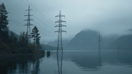 This tranquil landscape features power lines towering over a calm lake, with misty mountains creating a serene backdrop. The early dawn light enhances the peaceful atmosphere, making this image ideal for themes of nature and energy.の素材