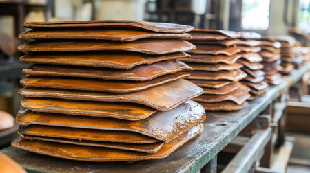 This image showcases a collection of stacked brown leather pieces in a workshop, emphasizing the quality and craftsmanship involved in leather production.の素材