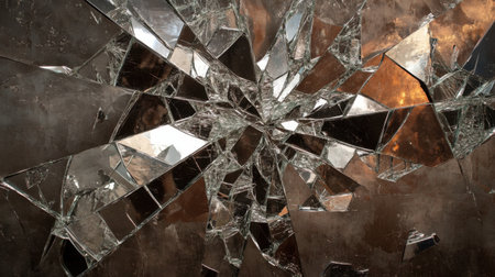 A mesmerizing composition of shattered mirror fragments showcasing intricate reflections and striking light interplay, creating a dynamic abstract visual.の素材