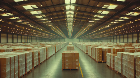 A spacious warehouse interior filled with neatly arranged boxes on pallets, illuminated by bright ceiling lights, showcasing efficient storage capabilities.の素材