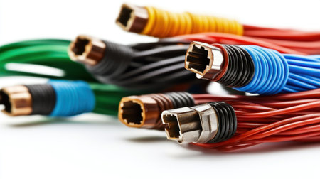 This image showcases a vibrant assortment of electrical wires with various connectors, perfect for representing technology and craftsmanship in design projects.の素材