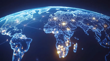 Stunning digital visualization of the world map showcasing illuminated cities connected by network lines, symbolizing global connectivity and technological advancement.の素材