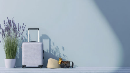 A stylish composition featuring a suitcase, summer hat, sunglasses, and a potted lavender plant, ideal for travel-themed visuals and marketing.の素材