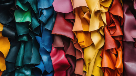 A vibrant collection of leather scraps in various colors showcases rich textures and craftsmanship, ideal for design projects and creative applications.の素材