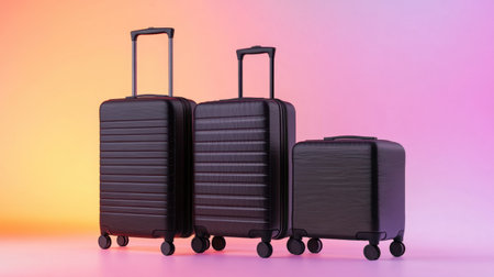 This image showcases a stylish black luggage set featuring three suitcases with modern design and wheels. Ideal for travelers seeking both function and aesthetics.の素材