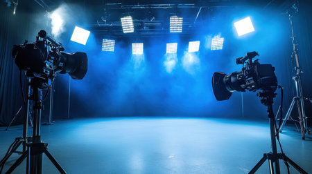 A well-equipped film studio featuring two cameras and bright spotlights illuminating a foggy blue background, ideal for creative shoots and projects.の素材