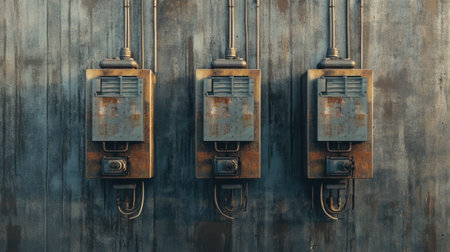 This image showcases three vintage electrical boxes mounted on a weathered industrial wall. The rust and wear highlight the passage of time and the character of urban spaces.の素材